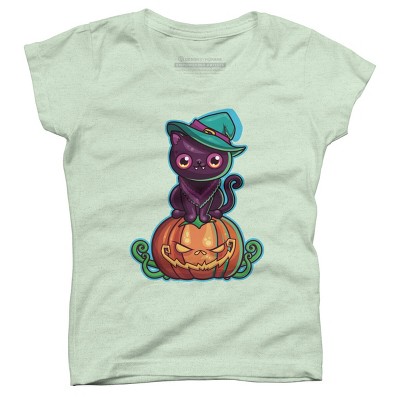 Girl's Design By Humans Ferociously Cute Halloween Vampire Witch Kitty Cat By LittleBunnySunshine T-Shirt