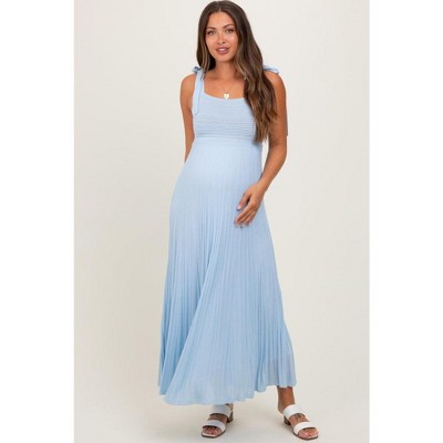 Pinkblush Light Blue Textured Knit Shoulder Tie Maternity Midi Dress