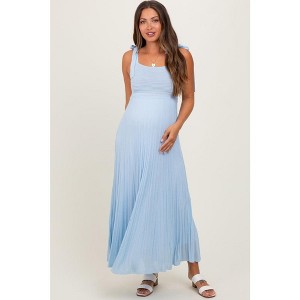 Pinkblush Light Blue Textured Knit Shoulder Tie Maternity Midi Dress - 1 of 4