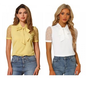 INSPIRE CHIC Women's Bow Tie V Neck Stand Collar Short Mesh Sleeve Blouse 2 Packs - 1 of 4