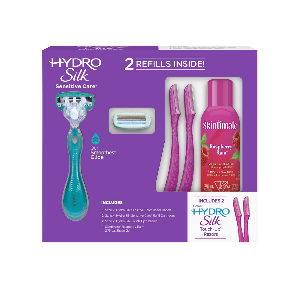 Schick Hydro Silk Sensitive Women s Gift Set  with 1 Sensitive Care Razor Handle  2 Hydro Silk Sensitive Razor Refills  2 Touch-Up Razors  and 1 Skintimate Raspberry Rain 2.75 oz. Shave Gel