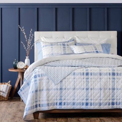 Queen Bartlett Plaid Cotton Percale Quilt Set Blue - Martha Stewart