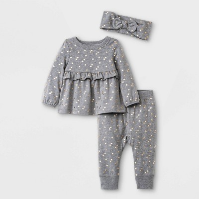 Image of Baby Girls' 3pc Heart Jersey Top & Bottom Set with Headband - Cat & Jack™ Black 12M