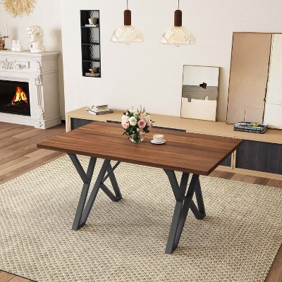 Walnut and Black Industrial Rectangular Dining Table with Metal Base