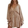 Coolmee Women Sexy Hot Deep V Neck Long Sleeve Tie Belt Sequined Party Banquet Drape High-End Wrap Dress - 2 of 4