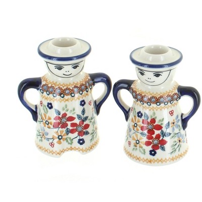 Blue Rose Polish Pottery Red Daisy Lady & Man Candle Holders