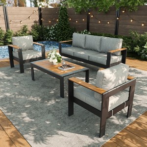 LayinSun 4 Pieces Aluminum Outdoor Patio Furniture Set with Coffee Table, Outside Metal Patio Conversation Sets with Deep Seating and Thick Cushions - 1 of 4