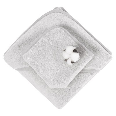 Gray Hooded Baby Bath Towel and Washcloth Set in Turkish Cotton