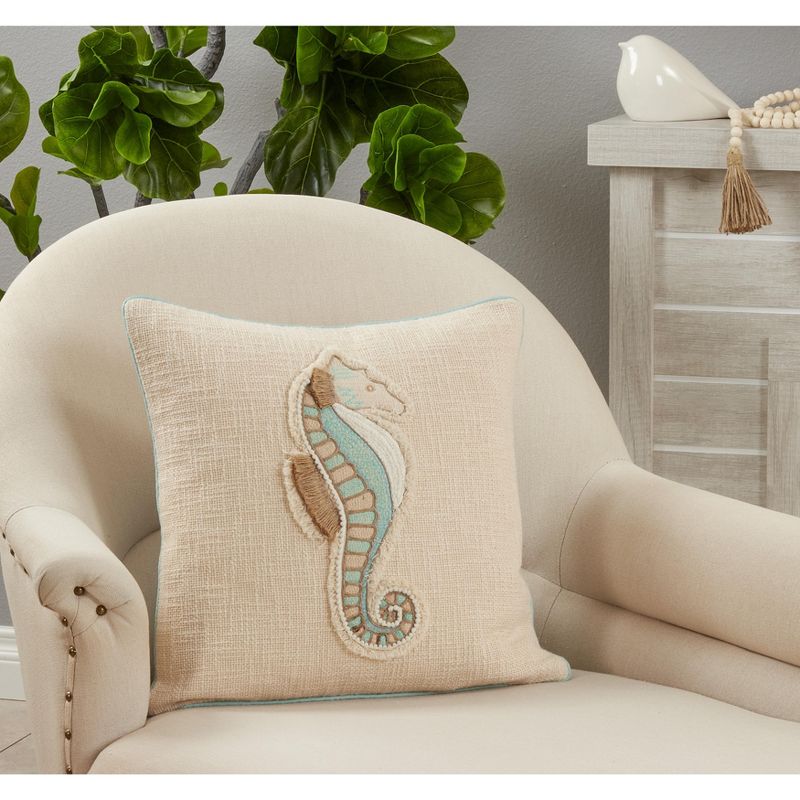 Saro Lifestyle Embroidered Sea Horse Pillow - Down Filled, 18" Square, Aqua, 3 of 4