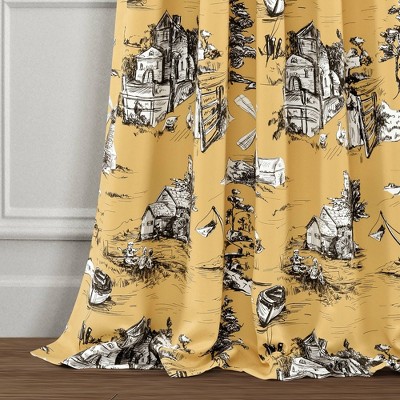 Yellow and Gray French Country Toile Blackout Curtains, 52" x 84"