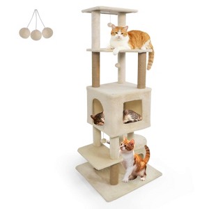 Costway 64” Tall Cat Tree with 2 Large Condos, Jute Scratching Posts, Plush Top Perch Beige/Dark Gray/Light Gray - 1 of 2