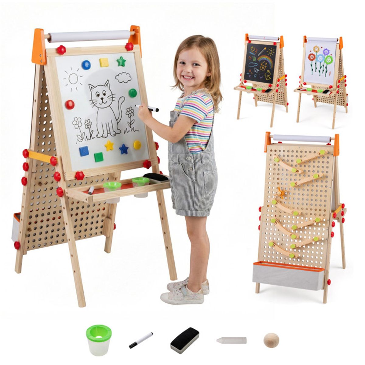 4-in-1 Kids Art Easel with Marble Run, Adjustable Height Double-Sided Drawing Easel with Paper Roll and Storage Tray for Kids 3+