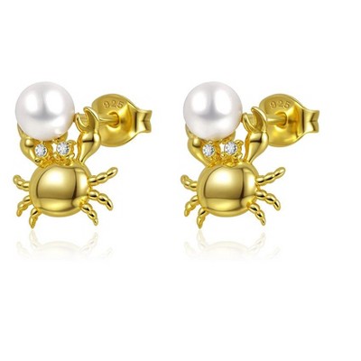 Molenia 14K Gold Crab Pearl Stud Earrings for Women, 925 Sterling Silver Freshwater Pearl Sea Life Post Earrings Summer Beach Jewelry