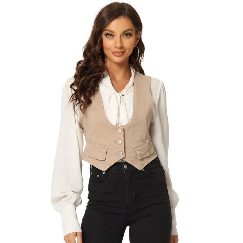 Allegra K Women's Vintage Button-Up Sleeveless Crop Jean Waistcoat Vest, 1 of 6