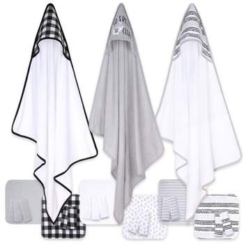 The Peanutshell Baby Hooded Towels and Washcloths Bath Set, 23-Piece, So Fresh, Black/White/Gray/Plaid