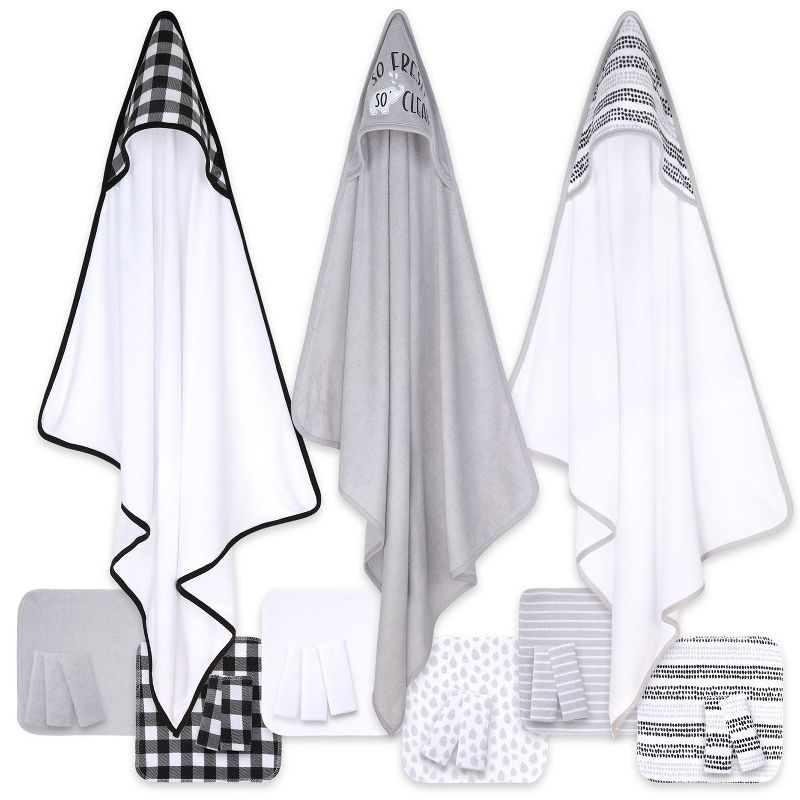 The Peanutshell Baby Hooded Towels and Washcloths Bath Set, 23-Piece, So Fresh, Black/White/Gray/Plaid, 1 of 7