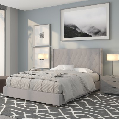 Riverdale Light Gray Upholstered Queen Platform Bed with Nailhead Trim