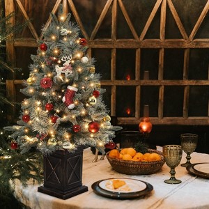 2 pcs 3 Ft Prelit Artificial Christmas Tree, Potted Fake Snow Flocked Christmas Tree with 78 LED Lights, Tabletop Battery-Powered Lighted Xmas Tree - 1 of 4