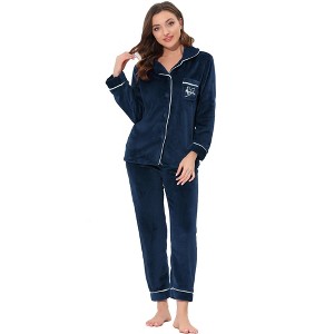 Allegra K Women's Flannel Button Down Lounge Winter Long Sleeves Pajama Sets - 1 of 4