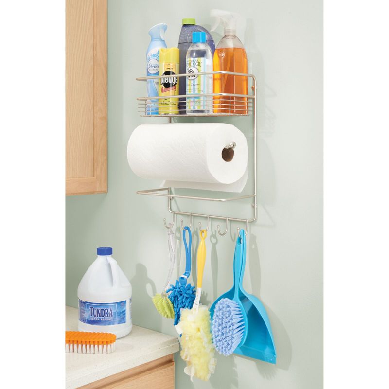 mDesign Metal Wall Mount Paper Towel Holder with Storage Shelf & Hooks, 5 of 9