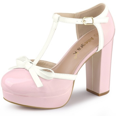 Allegra K Women's Platform Bow T-Strap Chunky Heels Pumps Pink 9