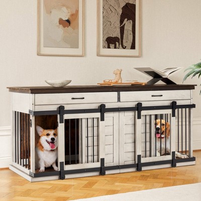 Large White Wood Dog Crate Table with Drawers