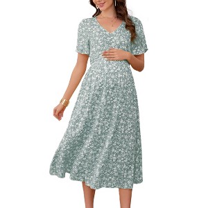 Maternity V Neck Dress Ruffle Short Sleeve Summer A Line Midi Dress Baby Shower Photoshoot - 1 of 4