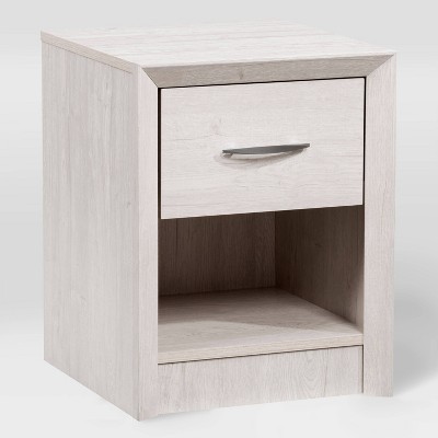 White-Washed Oak Mid-Century Modern Nightstand with Drawer and Open Cubby