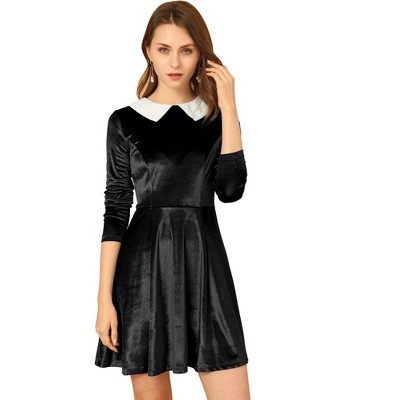 INSPIRE CHIC Women's Vintage Velvet Long Sleeve A Line Contrast Doll Peter Pan Collar Dress