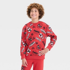 Boys' Spider-Man Printed Fleece Crewneck Sweatshirt - Red - 1 of 4