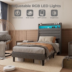 Bed Frame with Upholstered Headboard & Platform Base, Charging Station, LED Lights, Sturdy Wood Slat Support, No Box Spring Needed - 1 of 4