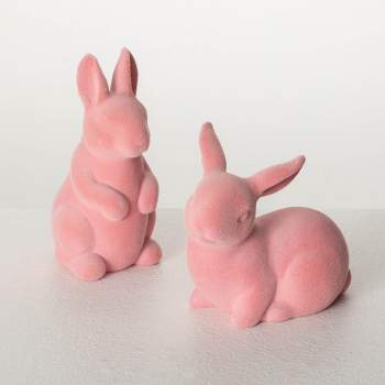 Sullivans 5.5" & 4.25" Pink Velveteen Bunny Set of 2, Ceramic
