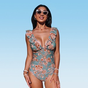 Women's Floral Ruffled Lace Up One Piece Swimsuit -Cupshe - 1 of 4