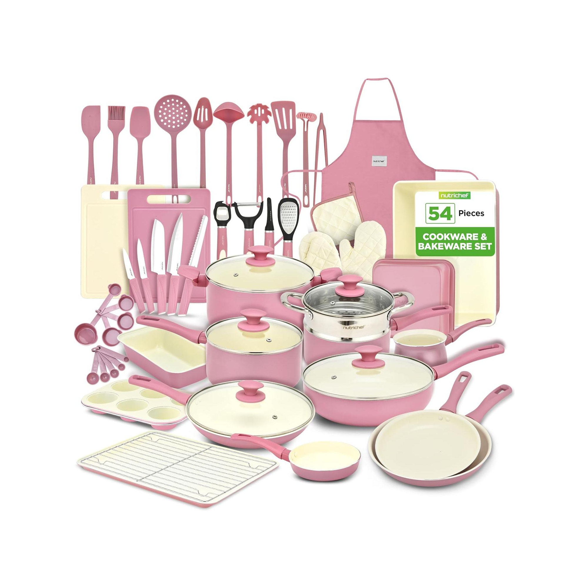 NutriChef 54-Piece Home Kitchen Cookware, Tools, and Bakeware Set - High-Quality Ceramic Kitchenware Pots and Pans (Blush Pink)