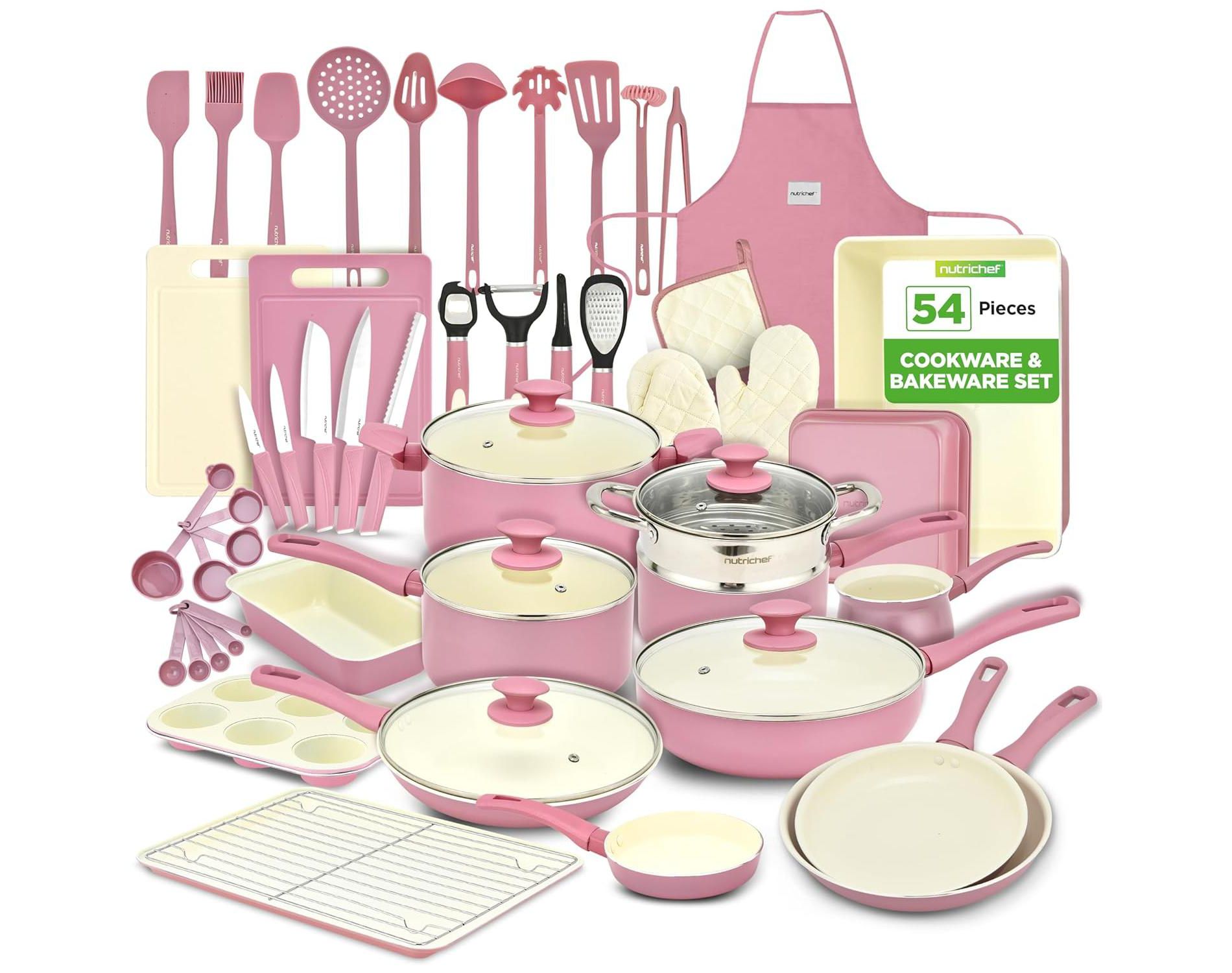 NutriChef 54-Piece Home Kitchen Cookware, Tools, and Bakeware Set - High-Quality Ceramic Kitchenware Pots and Pans (Blush Pink)
