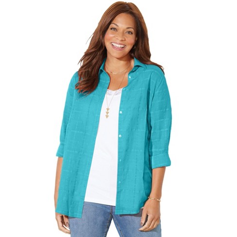 Catherines Women's Plus Size Windowpane Buttonfront Shirt - 6x, Aqua ...