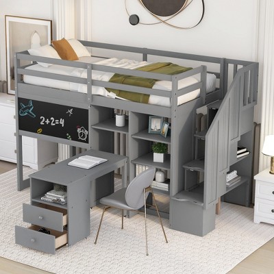 Twin Size Wood Loft Bed With Pullable Desk, Storage Shelves,staircase 