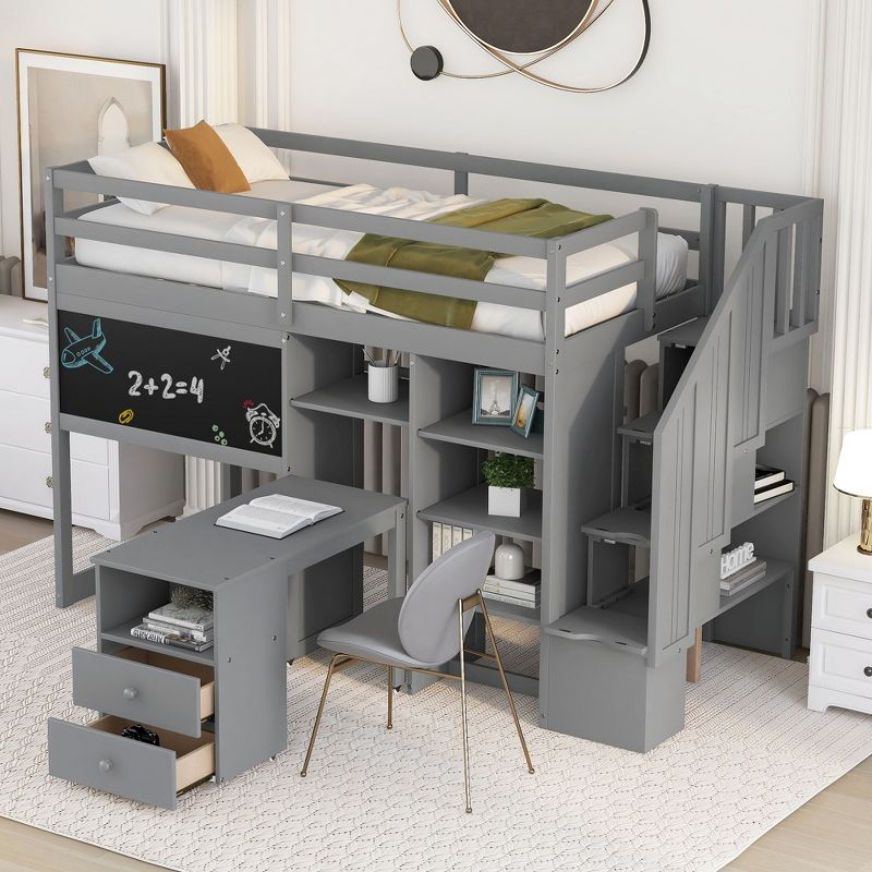 Twin Size Wood Loft Bed with Pullable Desk, Storage Shelves,Staircase and Blackboard-ModernLuxe, 1 of 11