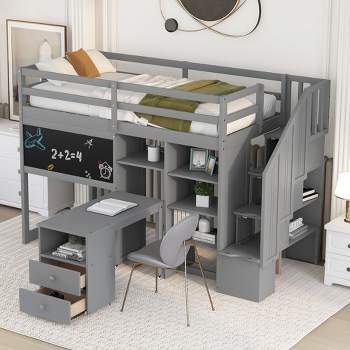 Twin Size Wood Loft Bed with Pullable Desk, Storage Shelves,Staircase and Blackboard-ModernLuxe