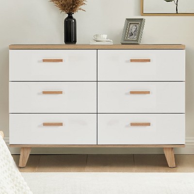 Resenkos Modern Mid Century White Dressers for Bedroom, 6 Drawer Dresser Organizer with Wood handles, Accent Chest of Drawer