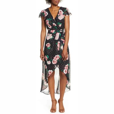 Women's Faux Wrap Black Dots Floral High Low Chiffon Dress - Julia Jordan