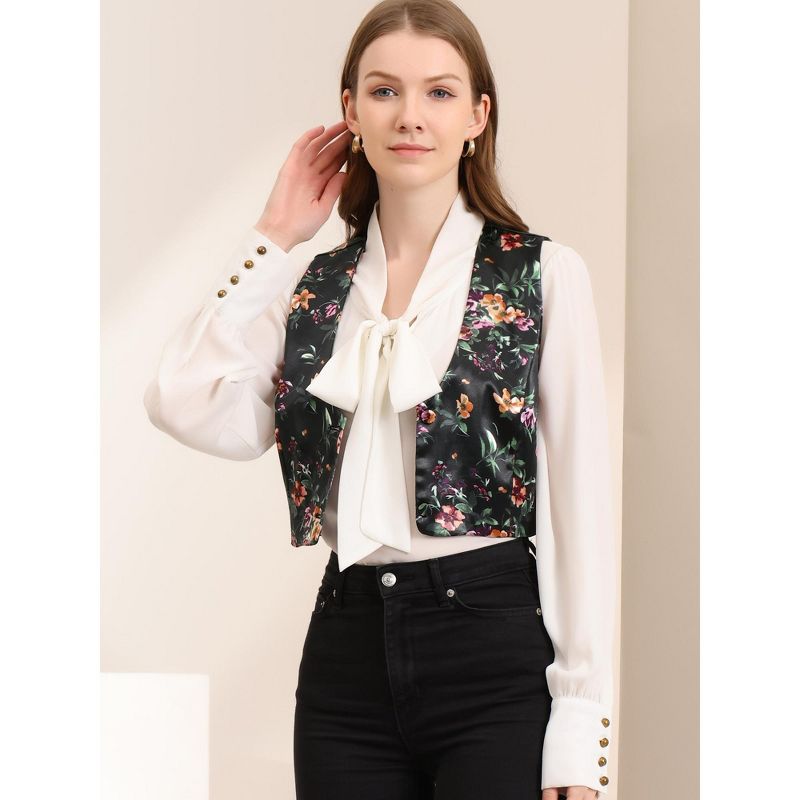 Allegra K Women's Floral Pattern Button Closure Satin Waistcoat Vest, 2 of 7