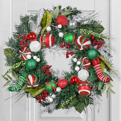 Merry and Bright Bold Christmas Sparkling Wreath, Red and Green Onrament Baubles and Stocking Decor , Holiday Door| OrnamentallyYou