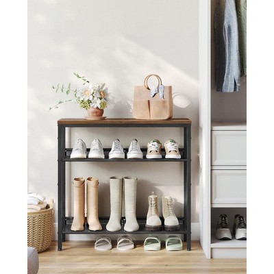 Rustic Brown and Black 4-Tier Metal Shoe Rack with Wooden Top