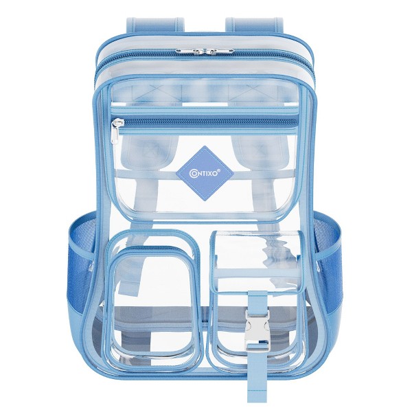 Mochila transparente Contixo para niños y adultos, aprobada para estadios y escuela, PVC impermeable, 16.9" alto x 13.7" largo x 6.6" ancho 6