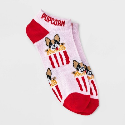 Women's 'Pupcorn' Puppy Low Cut Socks - Pink/Red 4-10: Recycled Polyester, Lightweight, Banded Cuff, Machine Washable