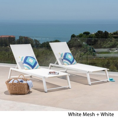 White Mesh and Aluminum Outdoor Chaise Lounge Set of 2
