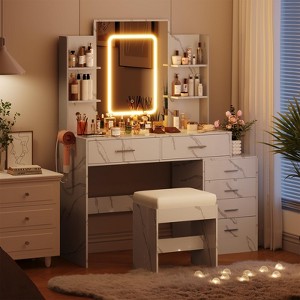 Vanity Desk with Mirror, LED Lights, Power Outlet, Makeup Vanity Table with 6 Drawers - 1 of 4