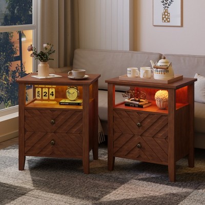 Farmhouse Nightstand with 2 Storage Drawers and Wooden Legs, Rustic Nightstand End Table with/ V-Shaped Design & Open Storage Shelf for Bedroom