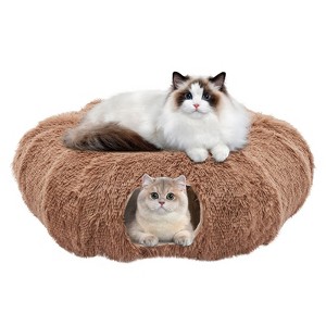 SEVOBAL Pet Beds Cat Tunnel with Cat Bed for Indoor, Soft Plush Peekaboo Cat Cave Donut Tunnel, for Cats Kittens, Rabbit, Brown , 35.83"*35.83"*11.42" - 1 of 4